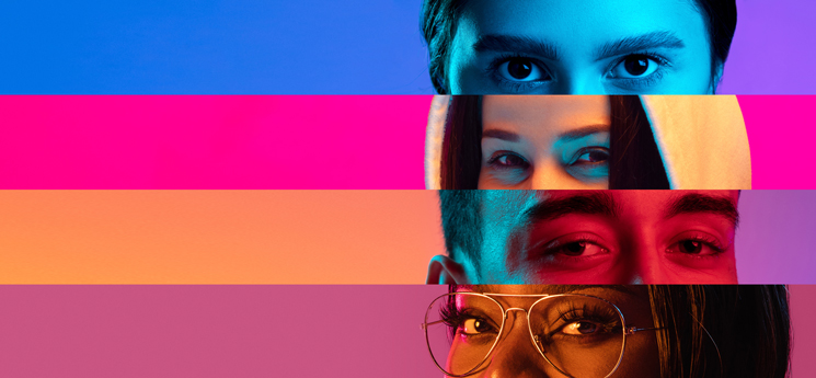 Close ups of sections of diverse faces with bright colored backgrounds