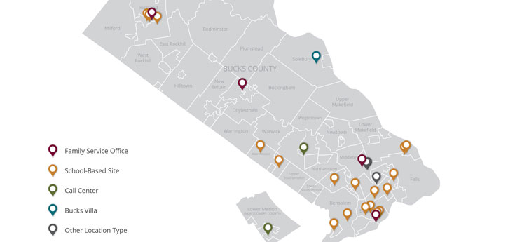 map of Bucks County showing Family Service locations